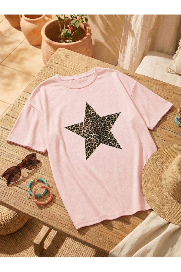 تيشيرت نسائي من Leopard Star مطبوع قصة فضفاضة برقبة دائرية