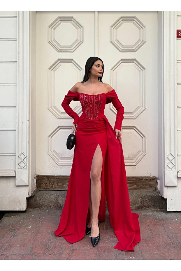 Stretchy Crepe Fabric, Sleeve Pleat Detailed Tailed Evening Dress 583379 Red
