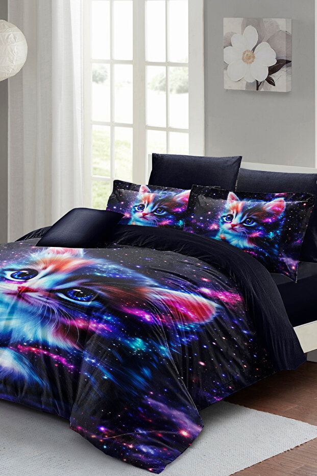 Space Themed Cat Patterned 5D Digital Print Duvet Cover Set – Double Size