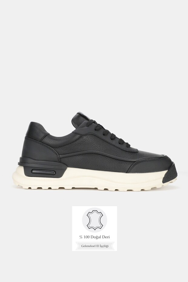 Men's Black Genuine Natural Leather Eva Sole Sneaker Lace-Up Shoes