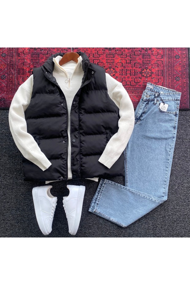 Padded Inflatable Vest Thessaloniki Knitted Sweatshirt and Baggy Pants 3-Piece Set
