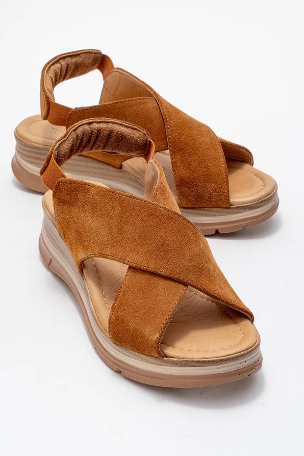 Santiago Coated Genuine Leather Sandals Tan Suede