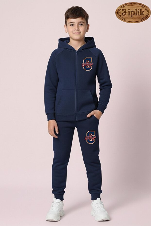 Boy's College Printed Hooded 3 Thread Ş Fleece-Lined Zippered Tracksuit Set