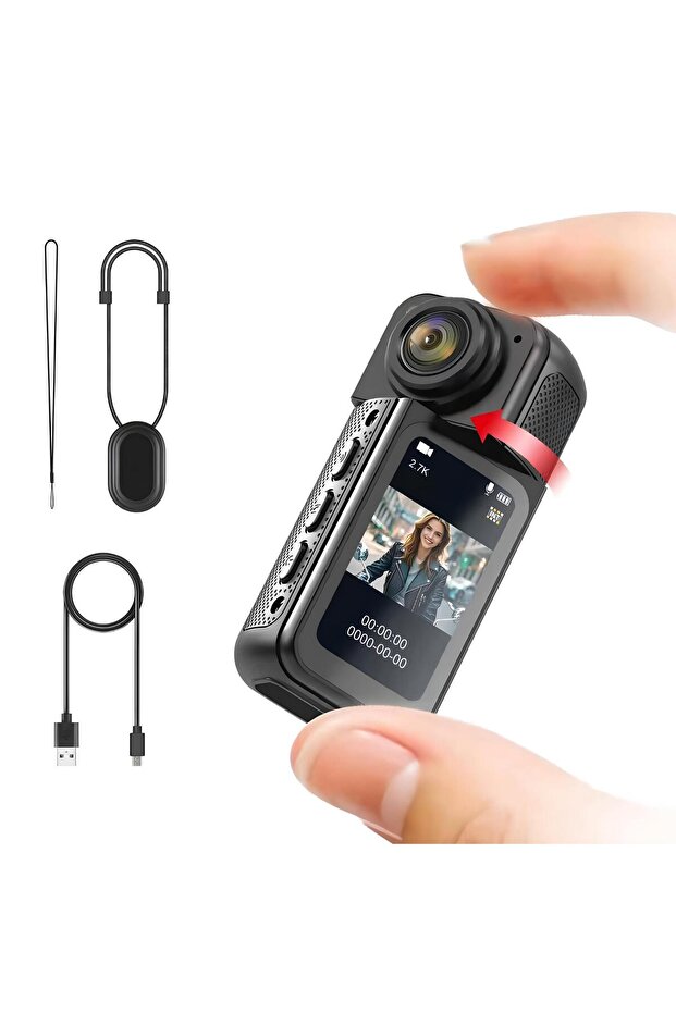 pukotech 2.7k Ultra Hd Video, 180° Döner Lens, Wi-Fi , Vucut Kamerası Mini Taşınabilir Aksiyon Kamera