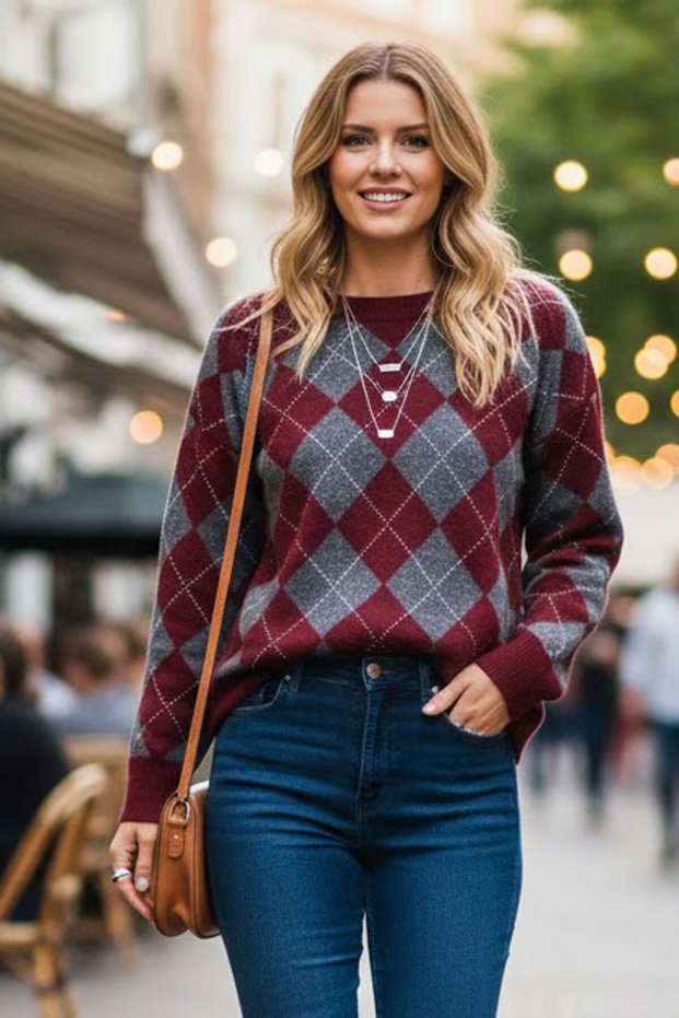 Women's Burgundy Soft Textured Wide Fit Crew Neck Baklava Knitwear Sweater