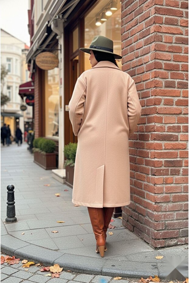 Basic Düğmeli Cepli Uzun Kaşe Kaban Taba - 3