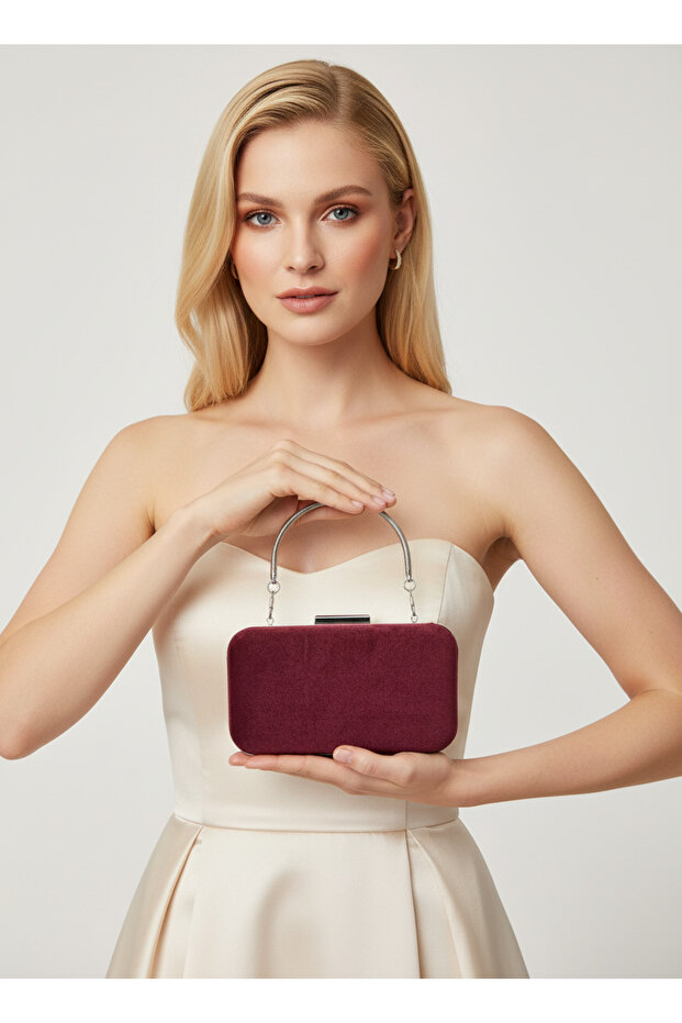 Burgundy Silver Luxury Suede Chain Handle Women's Evening Dress Bag