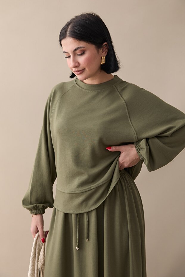 Basic Biyeli Etekli Modal Takım Haki - 5