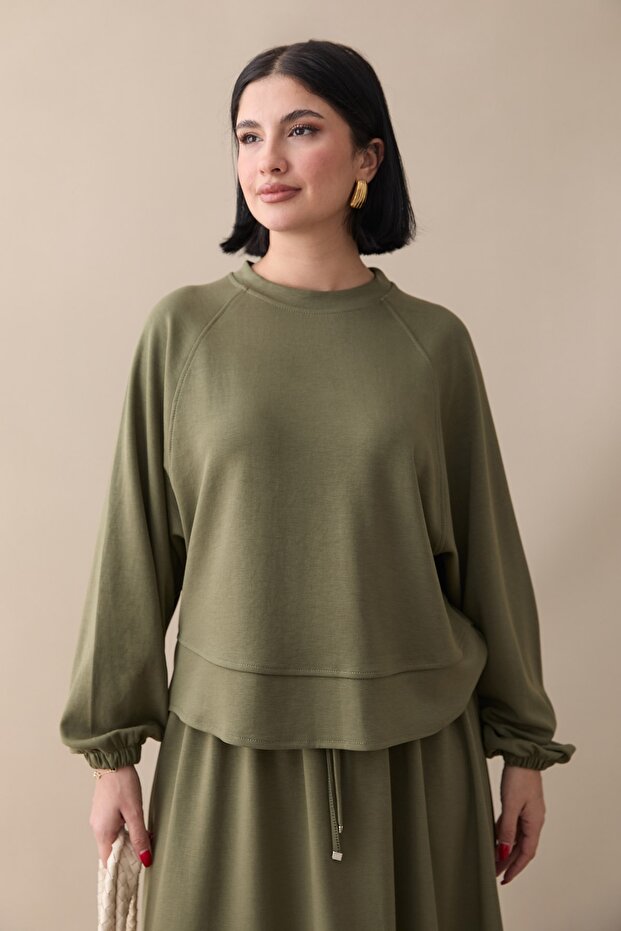 Basic Biyeli Etekli Modal Takım Haki - 2