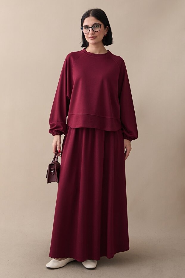 Basic Biyeli Etekli Modal Takım Bordo - 1