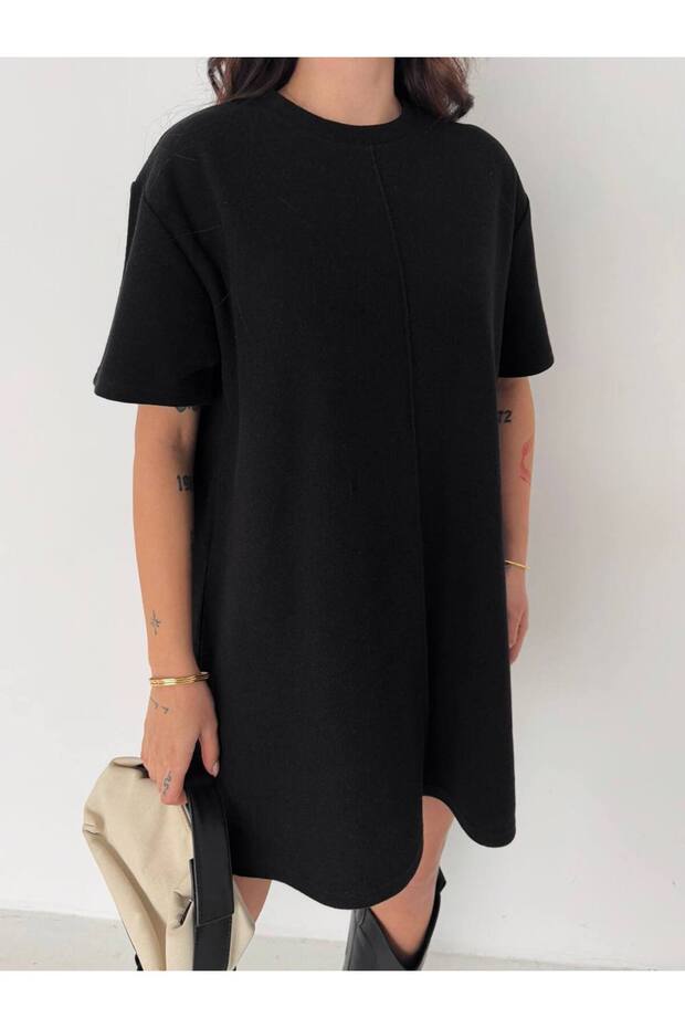 Kısa Kollu Basic Ön Çima Detaylı Elbise - 1