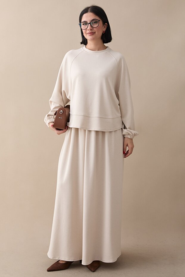 Basic Biyeli Etekli Modal Takım Bej - 1