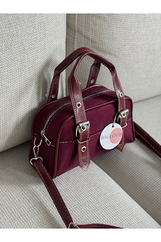 Adjustable Straps with Buckle Detail Suede Burgundy Women's Shoulder Bag Length25 Width15