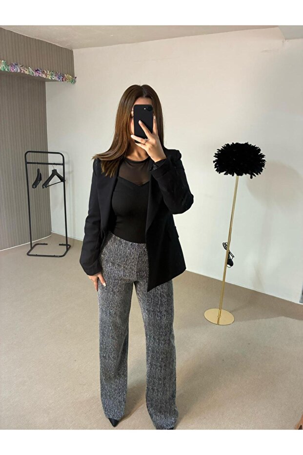 Taşlı Simli Pantolon - 1