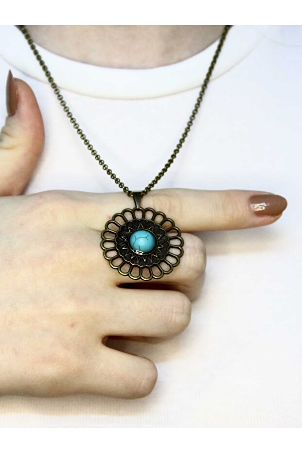 Natural Stone Turquoise Natural Stone Round Model Ancient Women's Necklace Euk49F