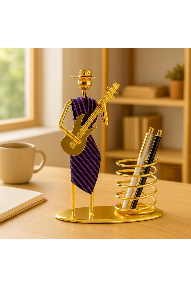 Musician Woman Metal Desktop Pen Holder, Purple, 20X14