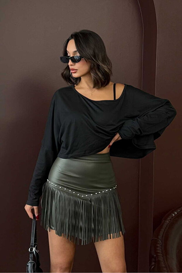 Western Style Tasseled Mini Leather Skirt - Khaki | F2041 - Khaki