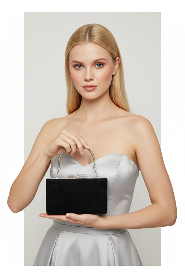 Black Silver Luxury Suede Chain Handle Women's Evening Dress Bag