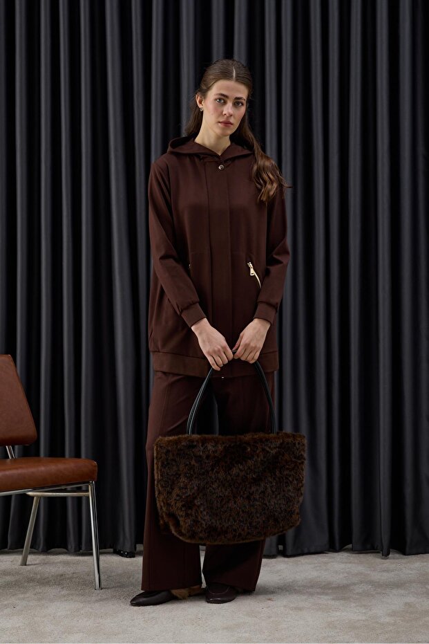 Nadya Hooded Ribbed Trouser Suit Brown