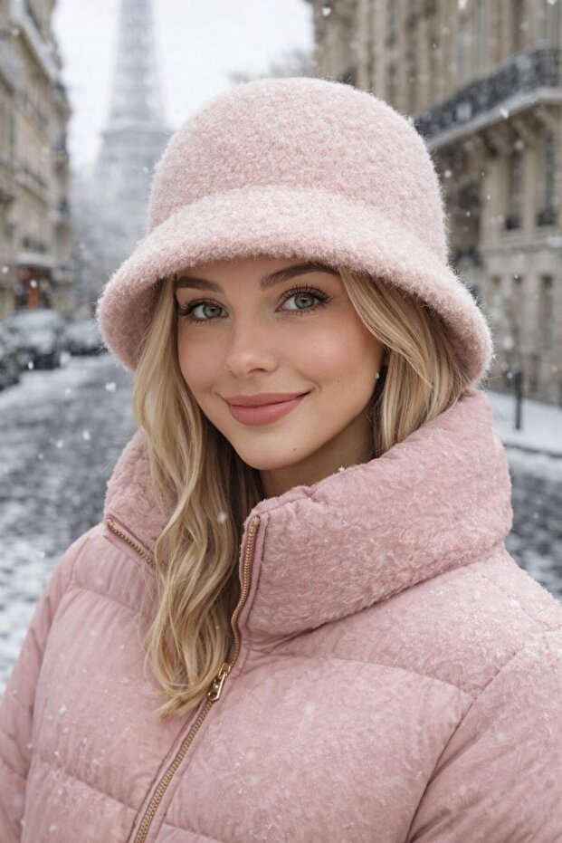Powder Felt Buttoned Plush Bucket Women's Hat