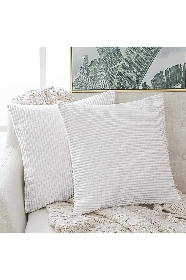 Throw Pillow Cover in Bright White, Corduroy Square Cushion Cover with Stripes