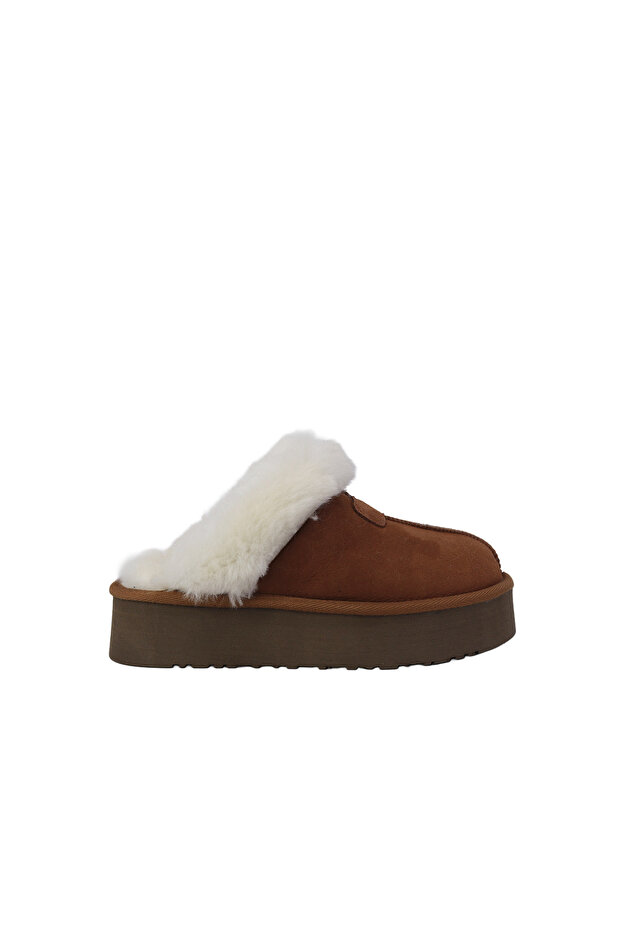 Tan Genuine Suede Leather Fur Heeled Women's Slippers Thermo Sole Platform
