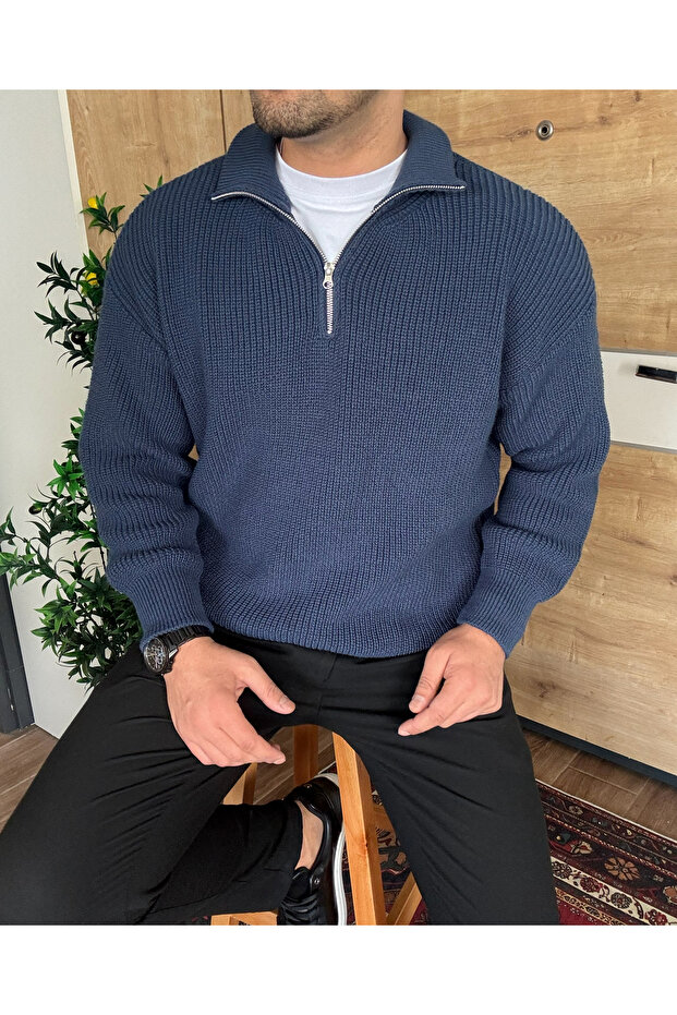 Oversize Yarım Fermuarlı Kazak Kalın Örme - 4