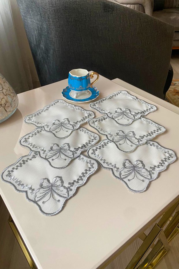 White Butterfly 6-Piece Special Embroidered Linen Coffee Serving Napkin, Cocktail Napkin, Party Napkin-Silver