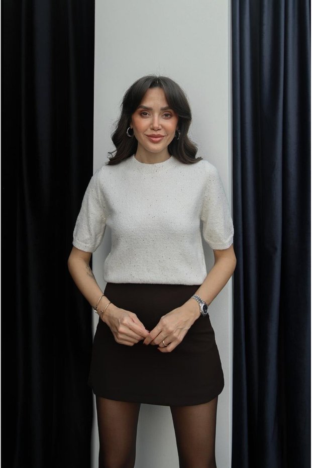 Cream Glitter Short Sleeve Sweater