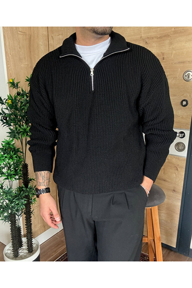 Oversize Yarım Fermuarlı Kazak Kalın Örme - 3