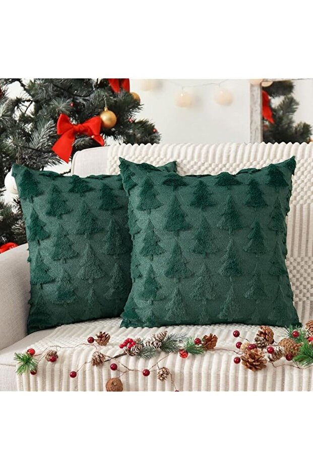 Pillow Covers 45x45cm Set of 2 Soft Plush Faux Fur Christmas Tree Decorative Luxury Jacquar