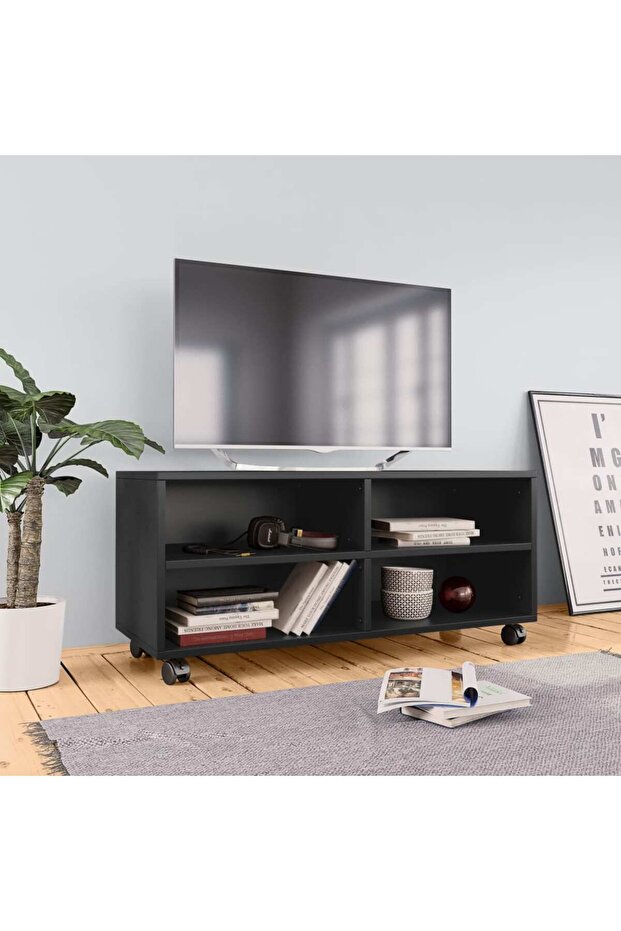 TV Cabinet with Castors Black 90x35x35 cm Engineered Wood