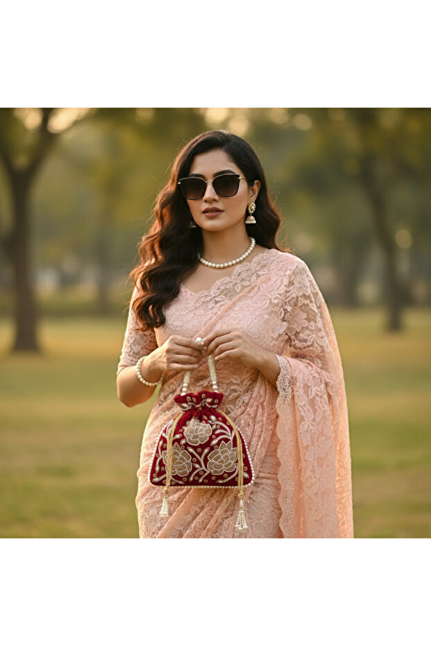 Dark Pink Embroidered Potli Bag with Pearl Handle & Beaded Drawstring