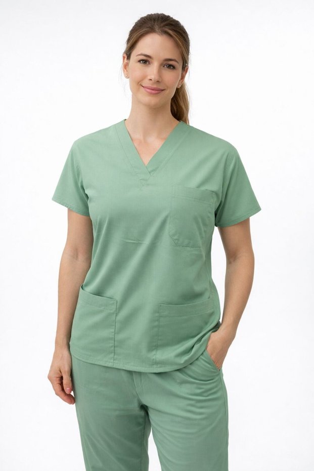 Unisex Green Medical Uniform Set – Flexible Fabric, V-Neck, Nurse and Doctor Uniform with Pockets
