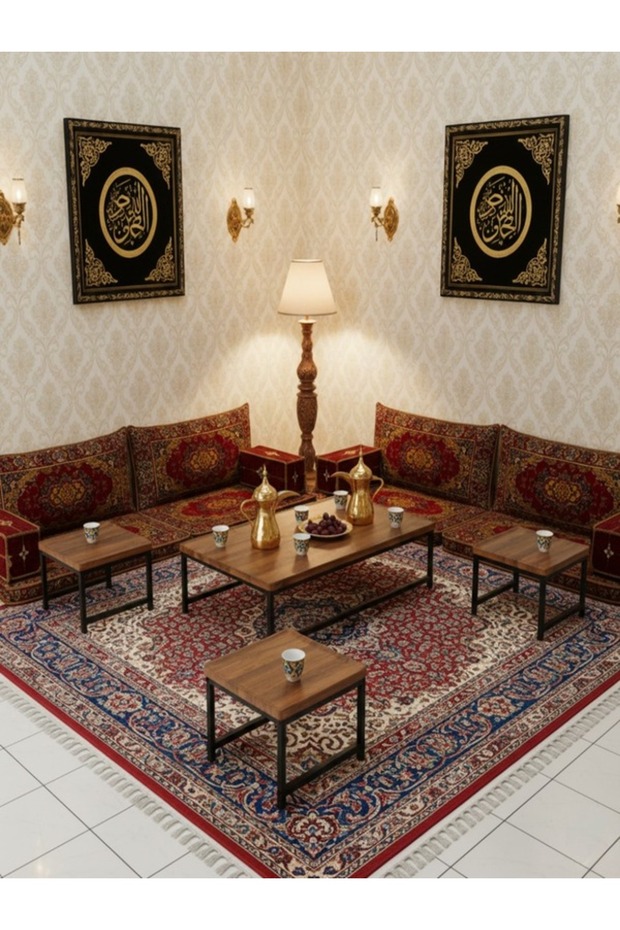 طقم طاولات شاي خشبية مودرن 5 قطع بتصميم مستطيل