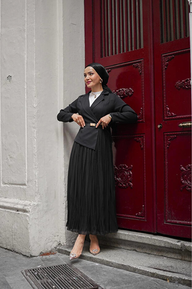 siyah double şifon elbise - 2