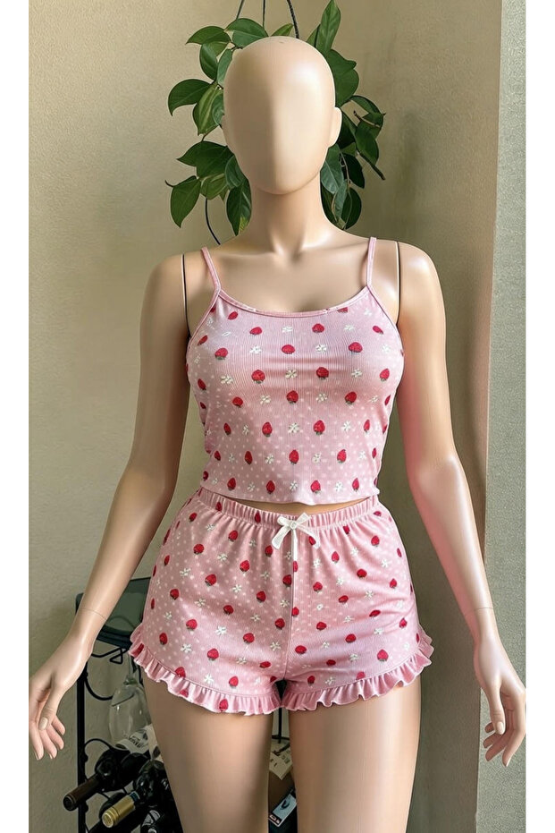 Women's Pink Strawberry Patterned Ruffled Shorts Pajama Set - Ribbed Loungewear Set with Drawstring Straps - 3770