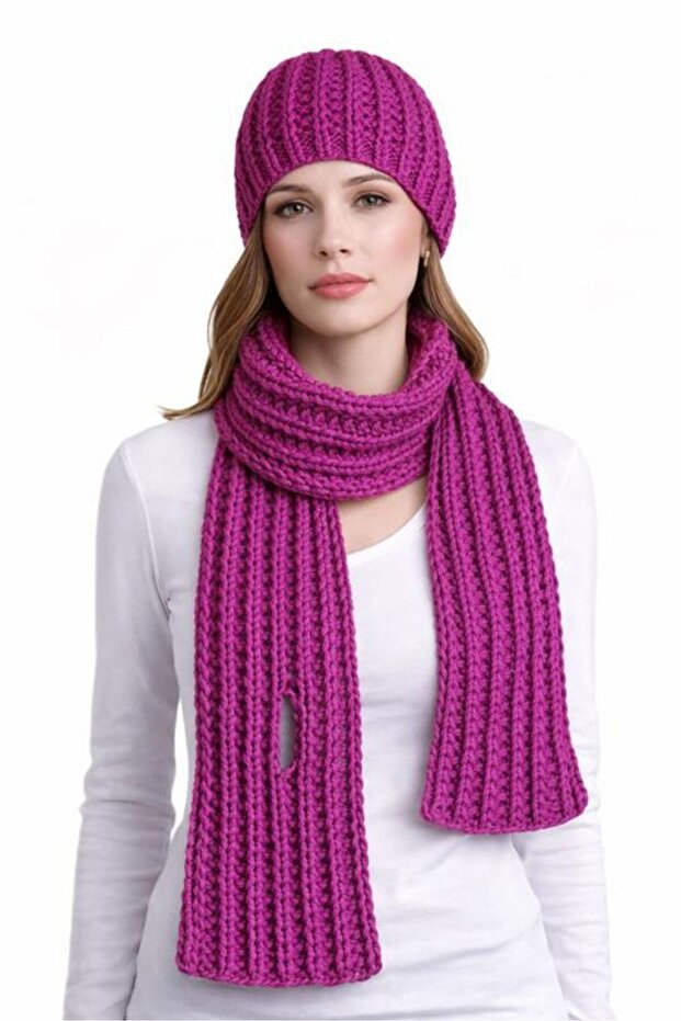 - Emine 9106 6535 Hand Knitted Beanie and Scarf Set - Pink