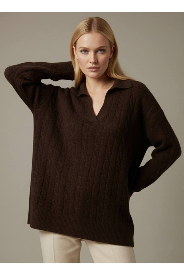 Old Money Style Polo V-Neck Hair Knit Oversized Knitwear Sweater