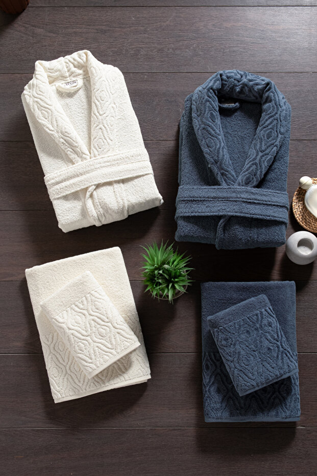 Hira 6-Piece Family Bathrobe Set - 100% Cotton, Luxury, Jacquard Bathrobe Set, Giftable, Dowry