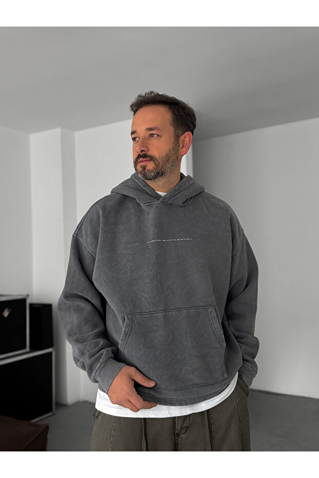 Antrasit Baskılı Kapüşonlu Sweatshirt C-4622 - 2