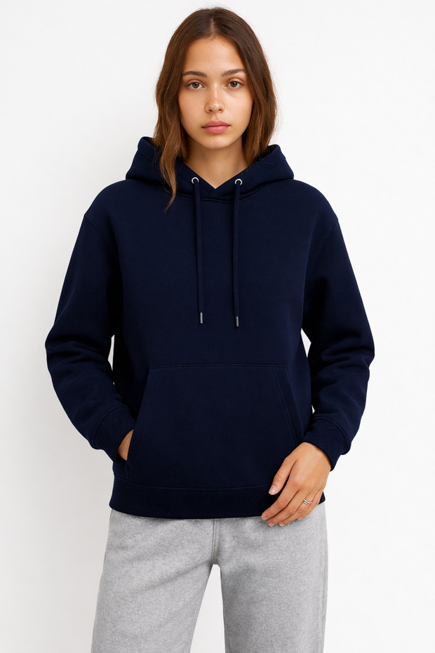 Women's Navy Blue 3 Thread Cotton Hooded Sweatshirt Basic Hoodie with Kangaroo Pocket