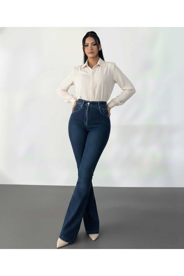 Spanish Women's Navy Blue Trousers F Flare Jeans High Waist Pants