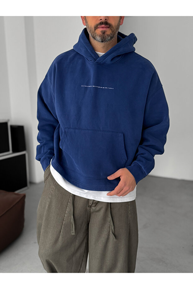 Lacivert Baskılı Kapüşonlu Sweatshirt C-4622 - 2