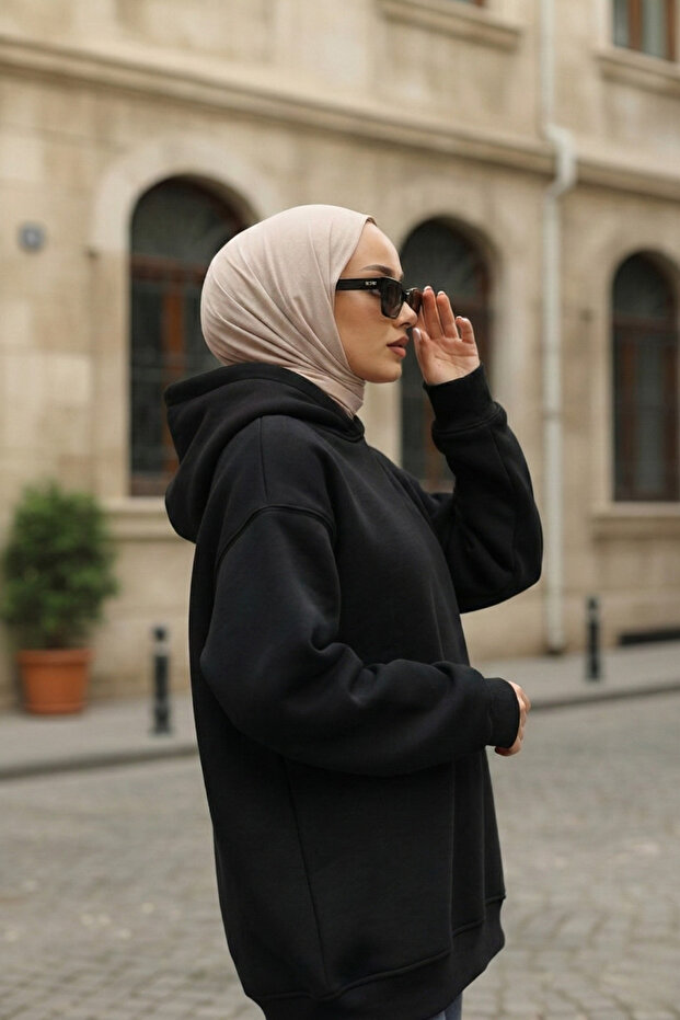 Black Cotton Hooded 2 Thread Sweatshirt
