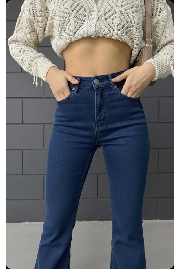 High Waist Pants Women Navy Blue Spanish Pants Flare Jeans