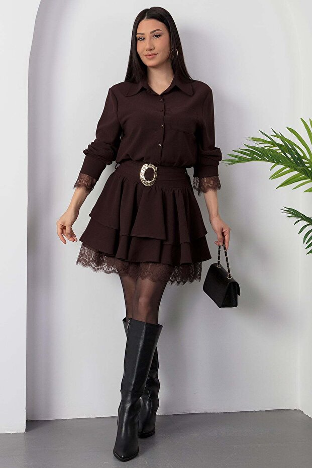 Gömlek Yaka Dantel Detaylı Kat Kat Elbise GRS3858 - 4