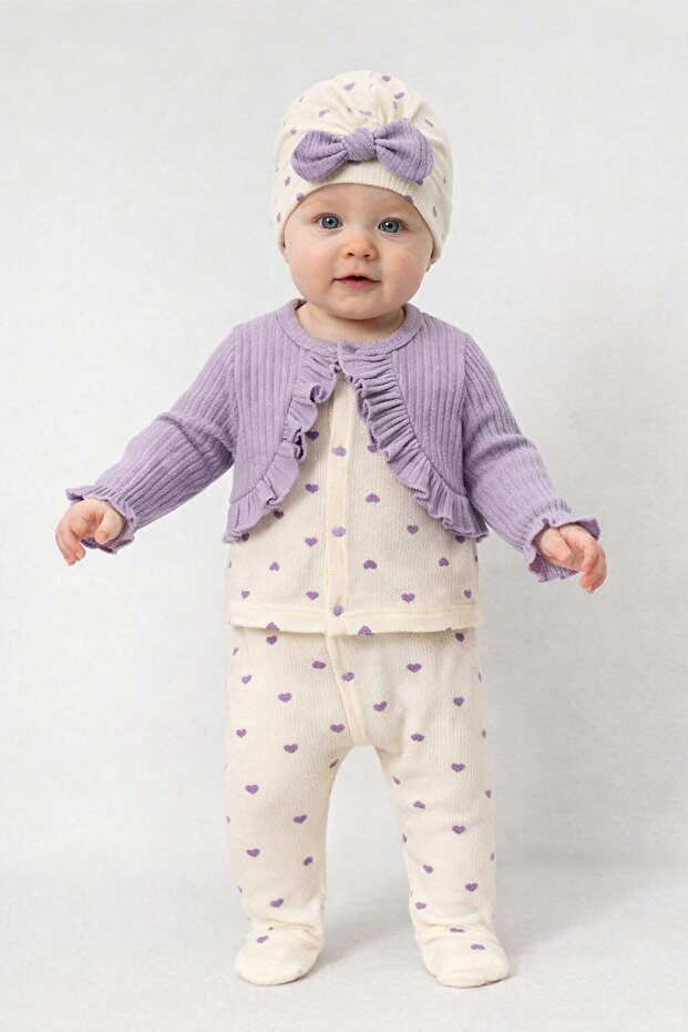 Baby Girl Ruffled Cardigan Patterned Romper Bow Beanie 3-Piece Set