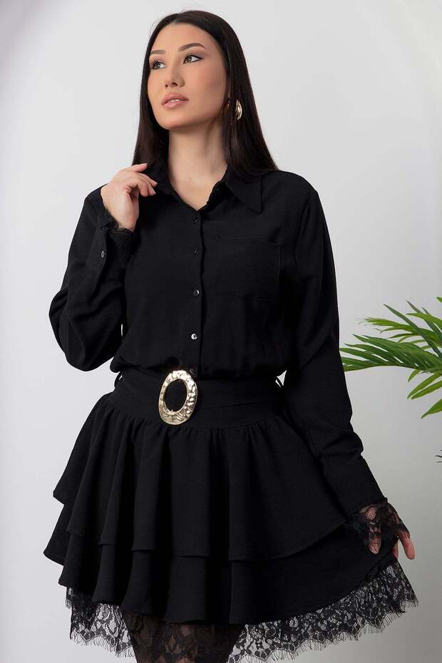 Gömlek Yaka Dantel Detaylı Kat Kat Elbise GRS3858 - 6