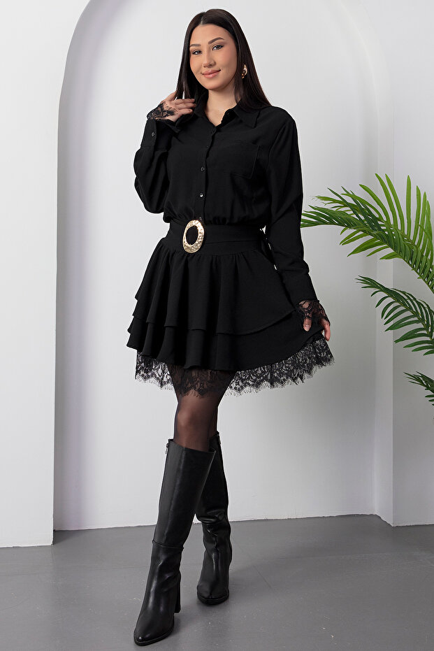 Gömlek Yaka Dantel Detaylı Kat Kat Elbise GRS3858 - 5